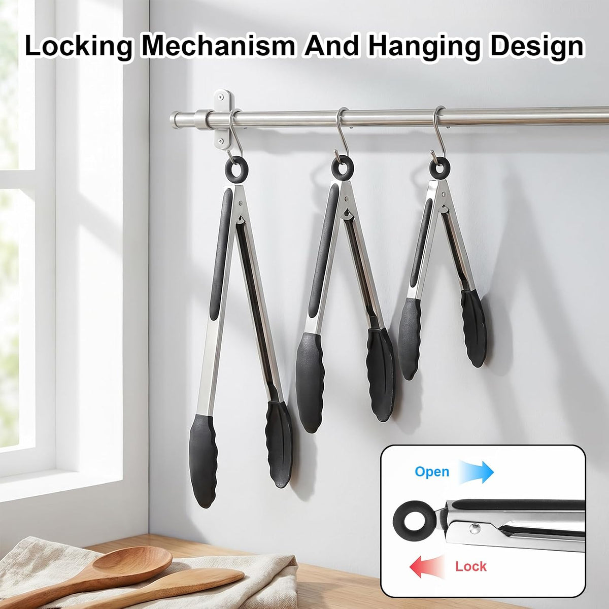 12 Pcs Tongs Set Multiple Sizes 7,9,12 Inches, Rubber Tipped Tongs Stainless Steel & Silicone Heat Resistant for Cooking, Grill, Salad, BBQ, Serving (Black & Silver)