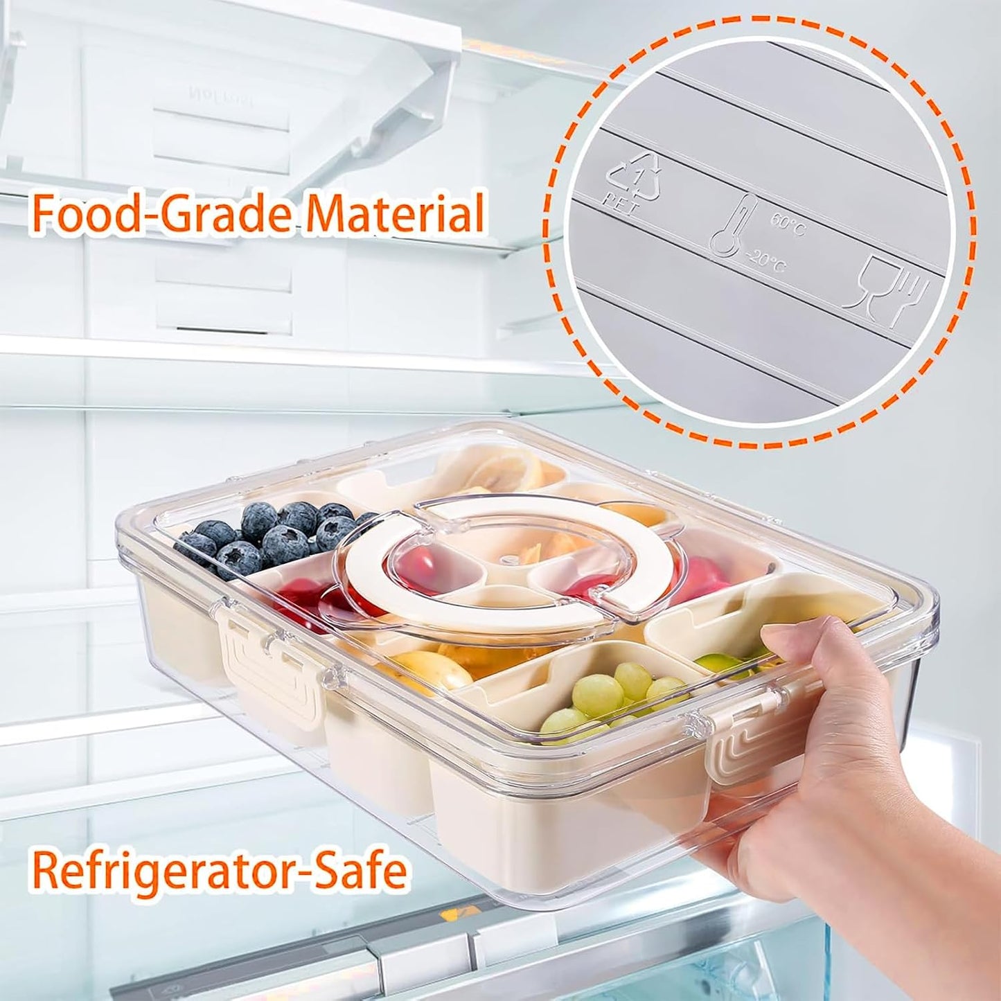 Divided Serving Tray with Lid and Handle, Portable Snackle Box Container for Fruits Snacks Charcuterie Organizer, Spinning Rounded Veggie Tray for Kitchen, Party, Travel and Picnic