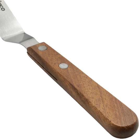 Winco 3 3/8" x 3/4" Brown Blade Stainless Steel Spatula, Wooden Handle