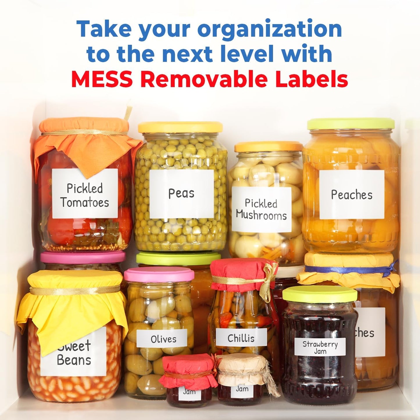 MESS Removable Food Labels for Containers (96-Pack) 1x3 & 1.5" Erasable Kitchen Labels for Organizing, Freezer & Fridge, White Dry Erase Labels for Jars