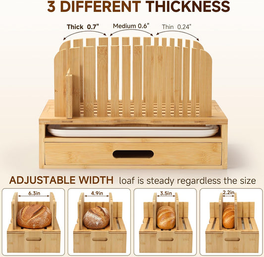 Bamboo Bread Slicer with Adjustable Guides, Crumb Tray and Storage Drawer
