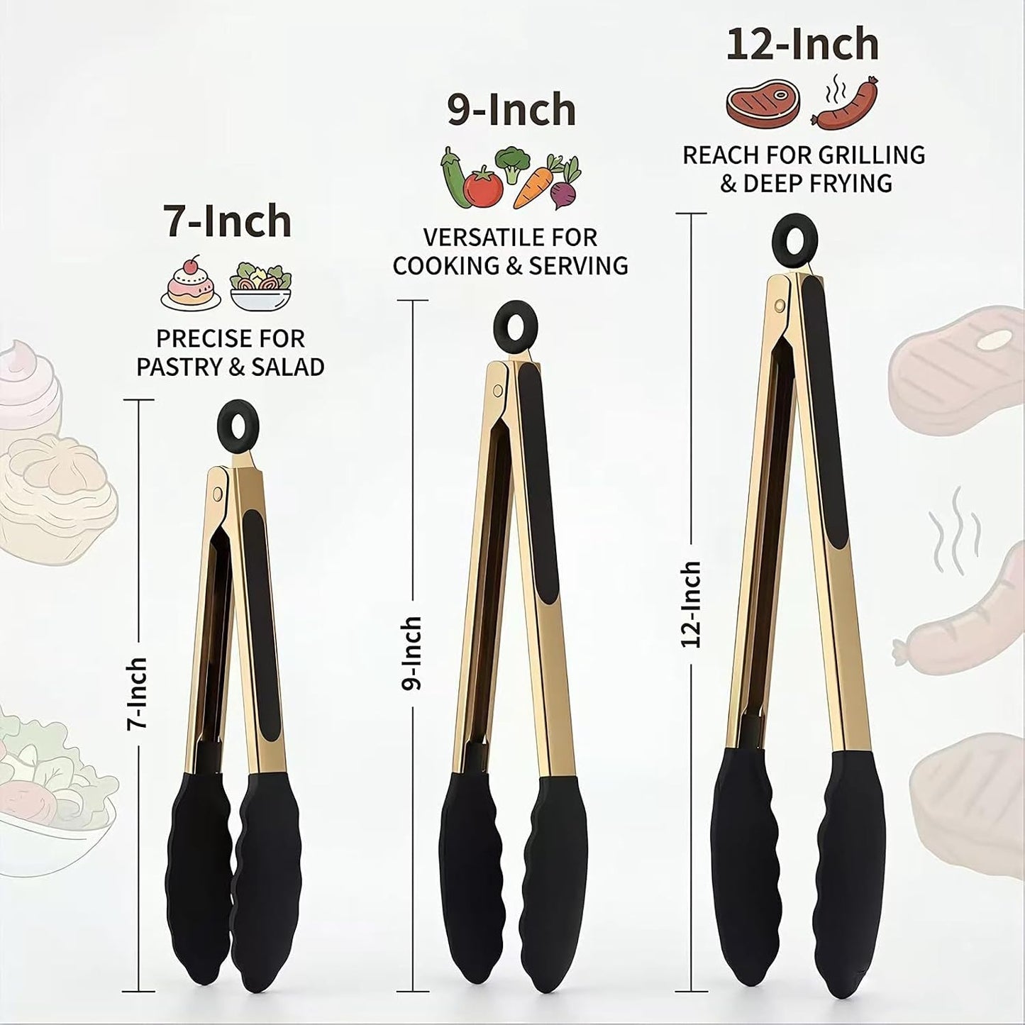 2-Piece Kitchen Spatula Tongs Food Serving Tongs 9" and 12" Cooking with BPA Free Silicone Tips, Toaster Steak Pie Pizza Pasta Spaghetti Noodles Salad Grill BBQ Buffet Clamp Serving Tools(Gold)