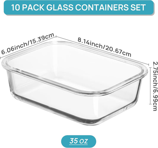 Vtopmart 10 Pack 35oz Glass Food Storage Containers with Lids, Meal Prep Containers, Airtight Reusable Lunch Container Set, Safe for Oven, Microwave, Freezer, and Dishwasher, Grey