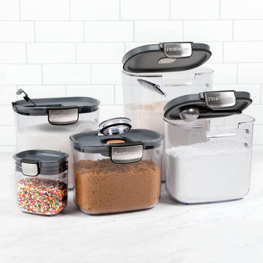 ProKeeper+ Airtight Food Storage Container Set – Clear Plastic Flour and Sugar Canister Set with Magnetic Accessories for Kitchen Organization (Grey, 9-Piece)