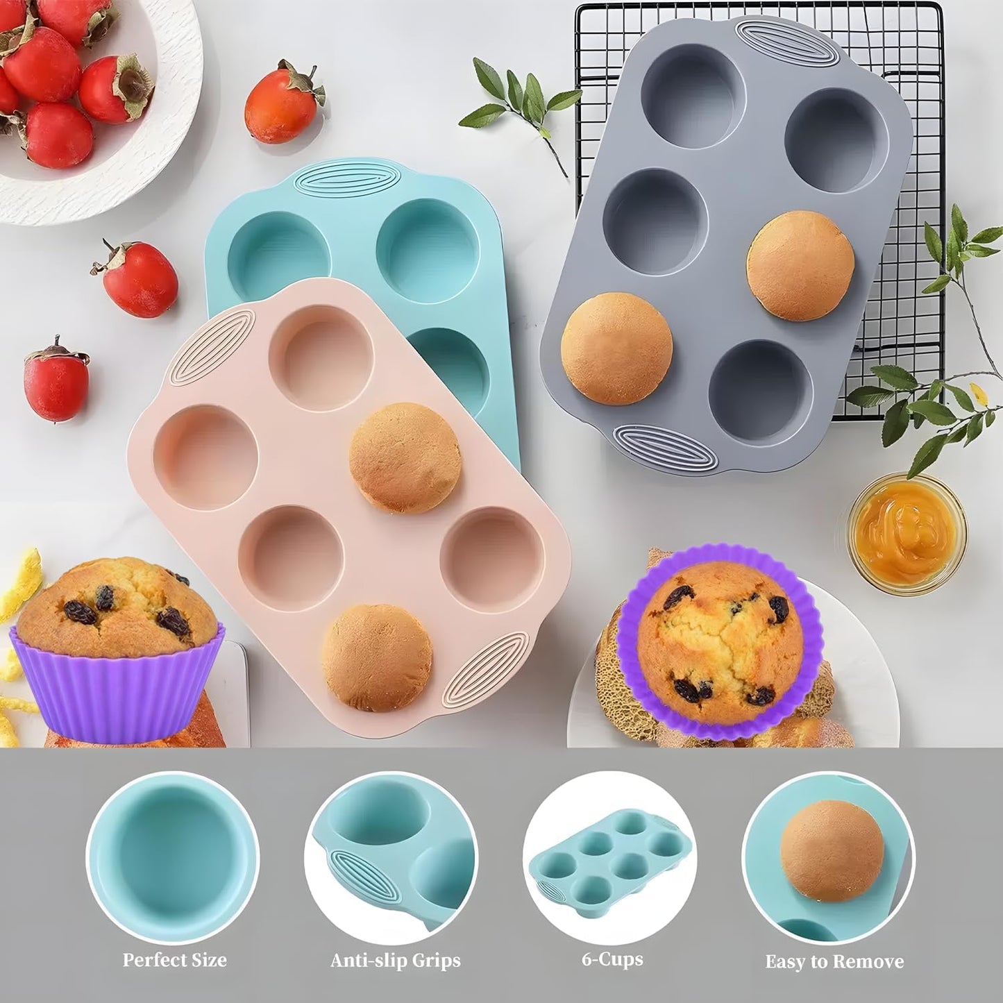 3 Pack 6 Cup Silicone Muffin Pan Set with 18 Reusable Silicone Baking Cups,Nonstick Silicone Cupcake Pan for Baking Muffins,Cupcakes,Easy Release & Dishwasher Safe