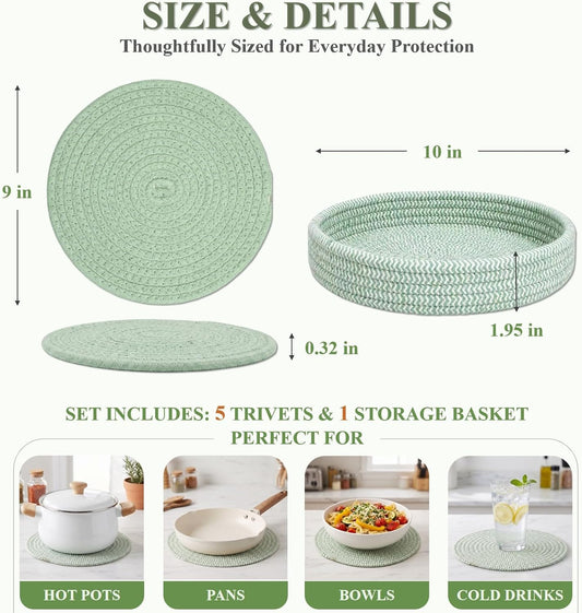 Large Trivets for Hot Dishes, Pots and Pans, Hot Pads with Storage Basket, Pot Holders for Kitchen, Heat Resistant Mats Protect Countertop, Coasters Set Home Essentials Farmhouse Decor 9 Inches 5Pcs