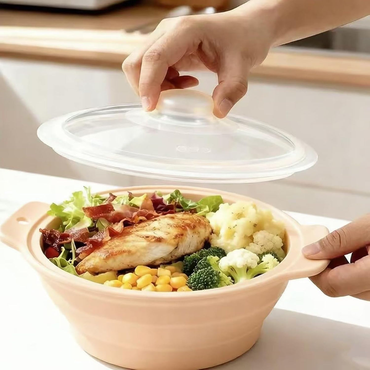 Collapsible Silicone Microwave Vegetable Steamer with Removable Steam Rack,42oz Heat-Resistant Cooker with Steam Holes,Easy to Store Freezer Dishwasher Safe,BPA Free (Grey)