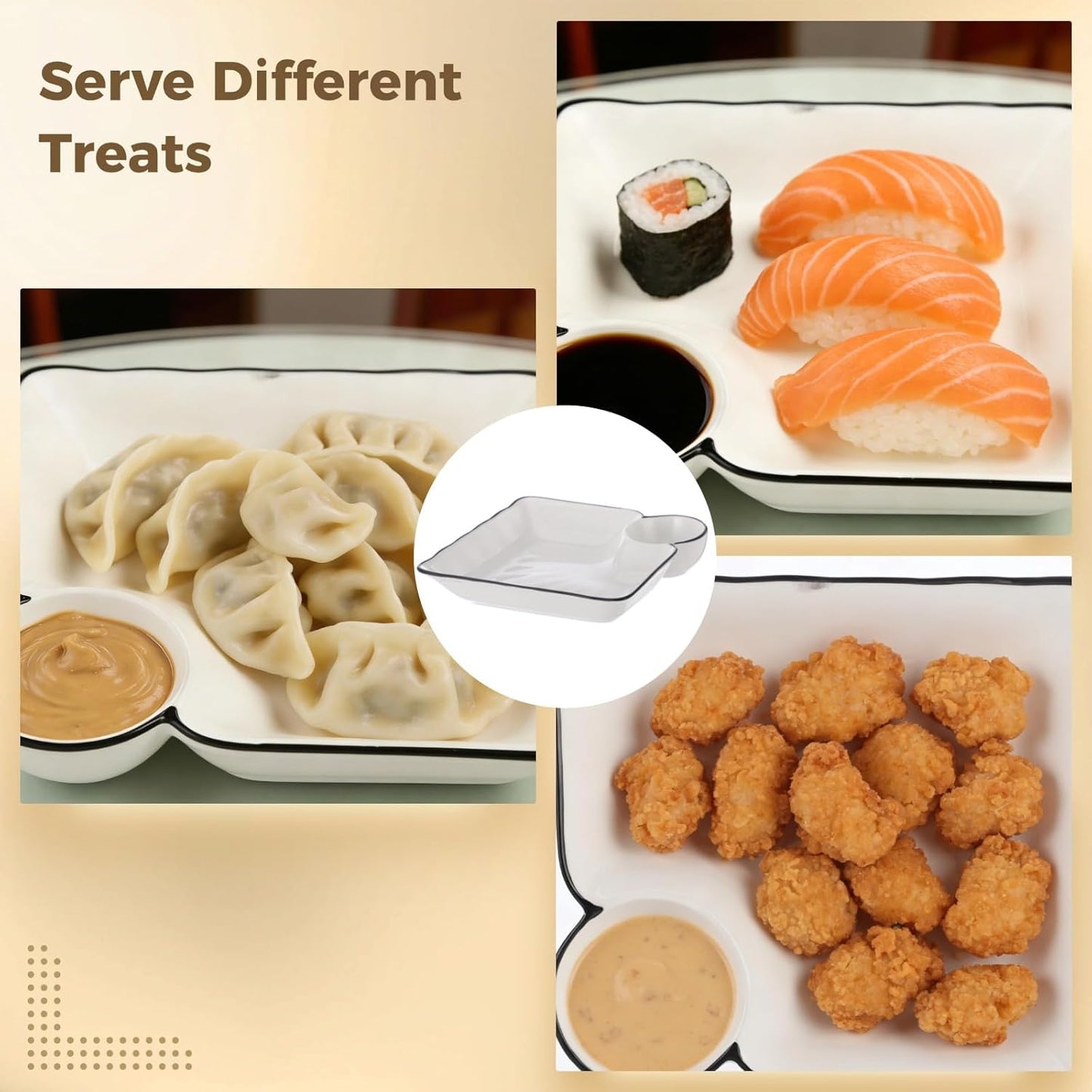 Chip and Dip Serving Platter Set, 4 Pcs Ceramic Divided Platters with Dip Compartment, White Square Appetizer Plates, Snack Serving Dishes for Fries, Sushi, Taco