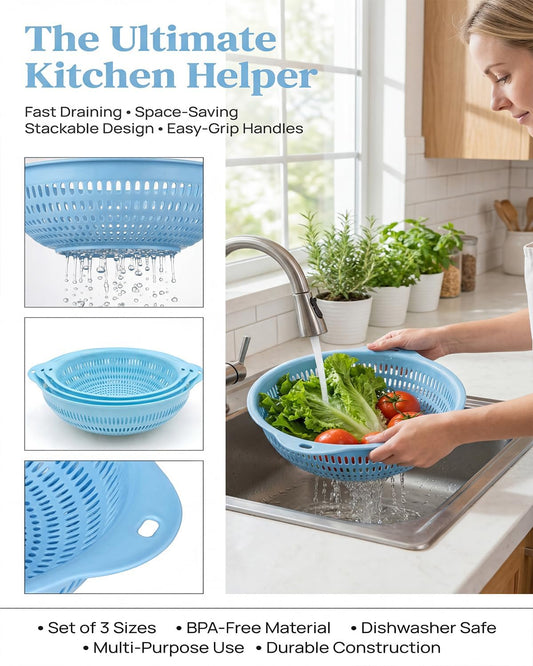 3 pcs Plastic Wash Basket Round Perforated Colander Wash Vegetables and Fruits Drain Cooked Pasta Kitchen Essentials Food Strainer Basket Strainer Kitchen Blue Yellow green red (3PCS-Green)