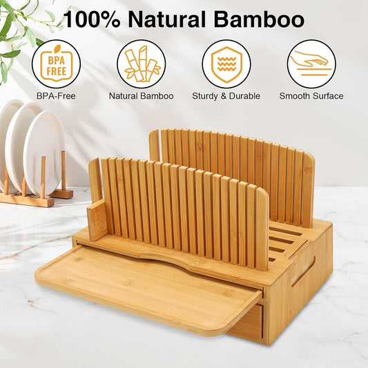 Bamboo Bread Slicer for Homemade Bread, Wilupry Bread Cutter Guide with Crumb Tray Adjustable Foldable for Sourdough Rounds Loaf Sandwich