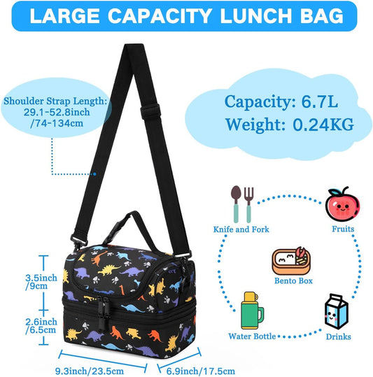 VASCHY Lunch Box Bag Men, Insulated Two Compartments Bento Cooler Bags for Adults/Women/Kids for School,Daycare,Kindergarten,Picnic Black