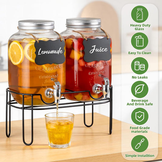 2 Gallon Glass Drink Dispensers For Parties,Lemonade Beverage Dispenser With Stand And Spigot For BBQ, Picnic, Party,Laundry Detergent Dispenser