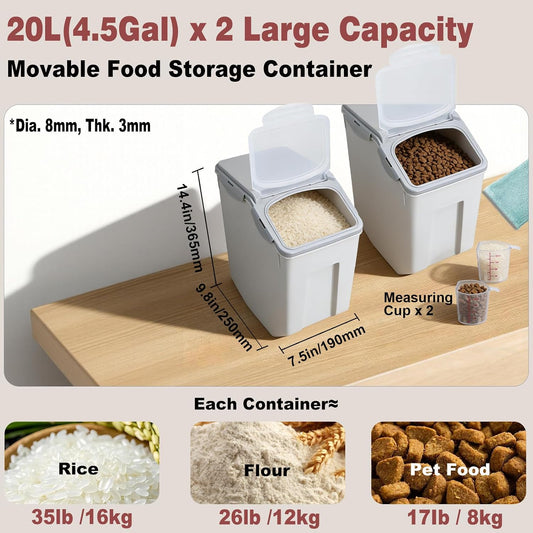 2 Pack Food Storage Container Bin 25Lb, 2 × 15L Airtight Rice Storage Containers with 2 Measuring Cups,Food Containers with Wheels Seal Locking Lid,For Flour | Rice | Sugar | Grain | Dog Cat Pet Food