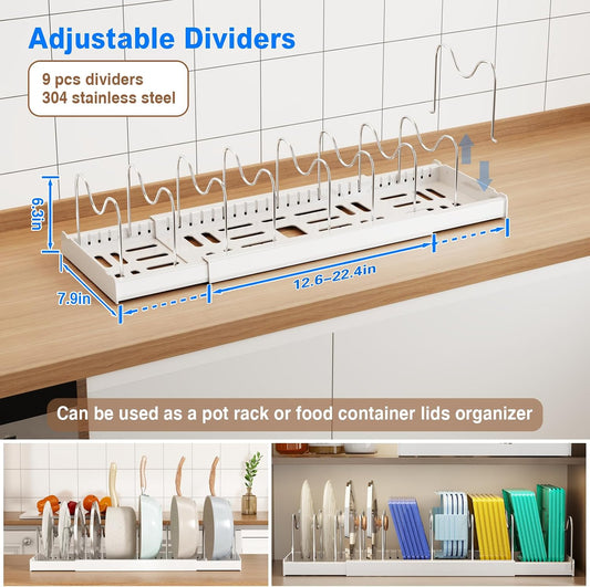 Mustorn Pots and Pans Organizer Under Cabinet, 22" Expandable Food Storage Container Lid Organizers with 9 Adjustable Dividers Pot and Pan Lid Holders Rack Inside Cabinet/Countertop(White)