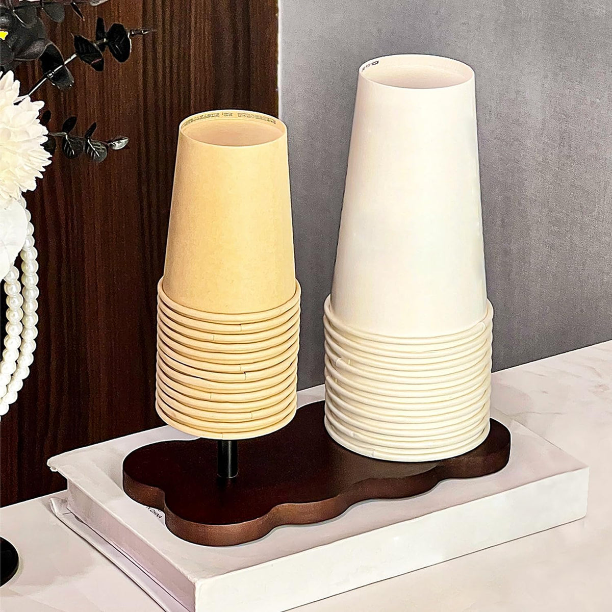 Wood Disposable Cup Dispenser for Countertop | Stylish Bathroom Cup Holder