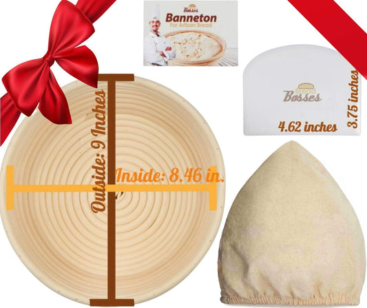 9 Inch Bread Banneton Proofing Basket - Baking Bowl Dough Gifts for Bakers Proving Baskets for Sourdough Bread Scraper Tool Starter Proofing