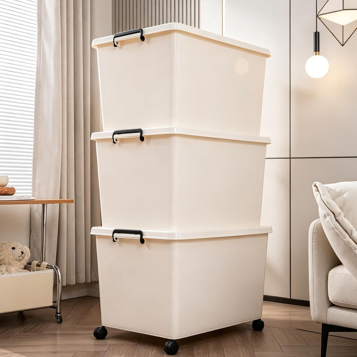 Large Stackable Plastic Storage Bins with Wheels, 3-Pack 60 Quart White Thickened Latching Lid Containers with Lockable 360° Casters for Home, Office, Bathroom, and Dorm Organization