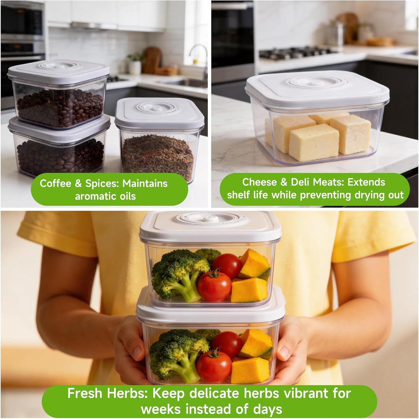 Vixino Vacuum Seal Containers, 3Pcs Reusable Food Storage Containers with Lids for Meal Prep and Freezer, BPA-Free,Microwave Safe,Leak-proof, Airtight (Vacuum Sealer Not Included)