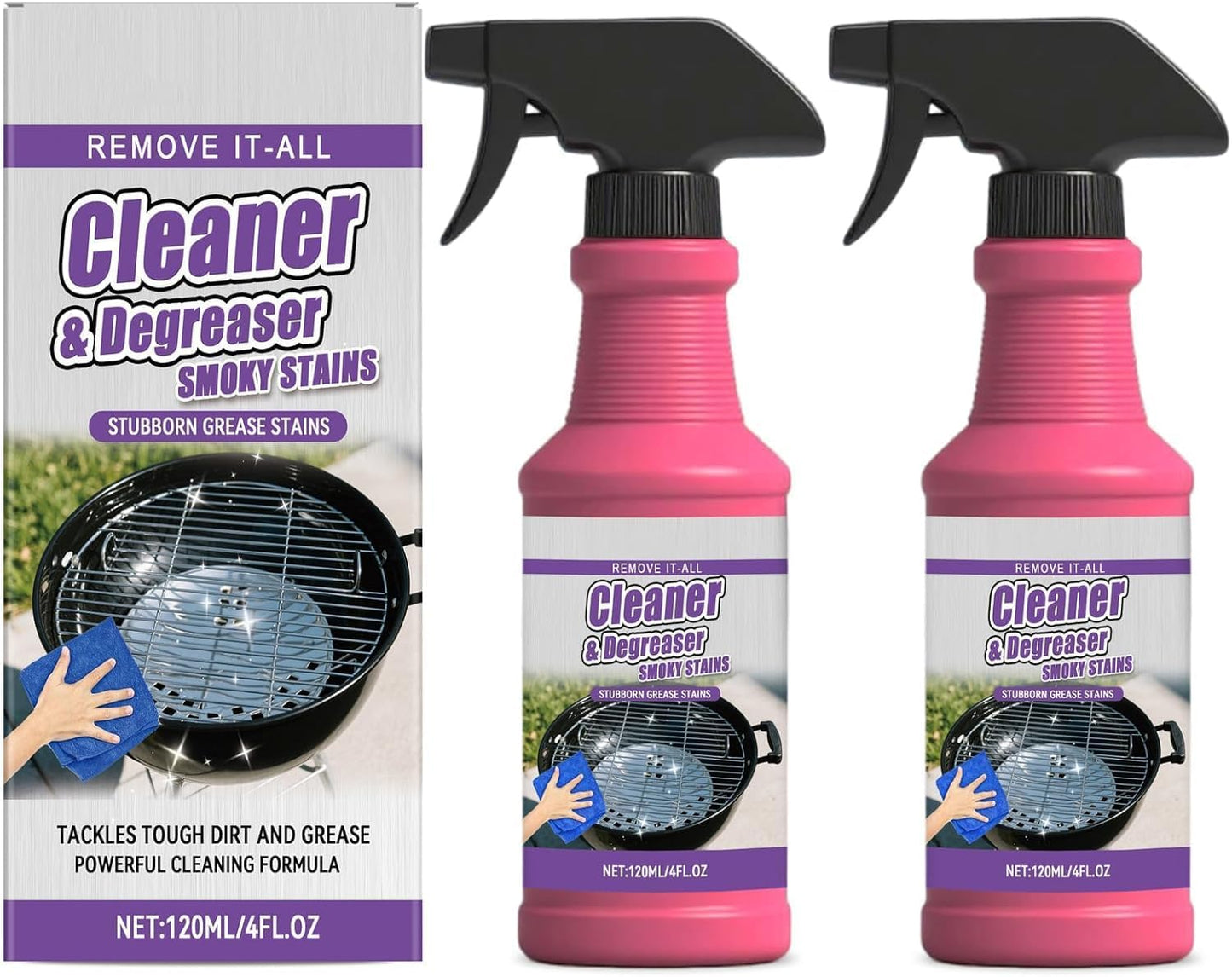 Fast Acting Heavy Duty Grill Degreaser Spray, BBQ Grill Cleaner for Outdoor Grill, Removes Burnt Grease Oil Stains from Grates Oven Smoker Stove, Kitchen Degreaser Cleaning Spray (2pcs)