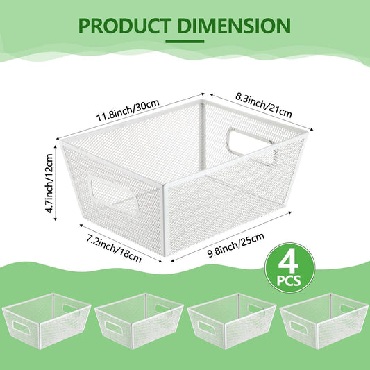 Maxdot 4 Pcs Wire Storage Basket with Handle Metal Baskets Wire Mesh Pantry Organizers for Cabinet Kitchen, Laundry, Bathroom Makeup Snacks Containers(White)
