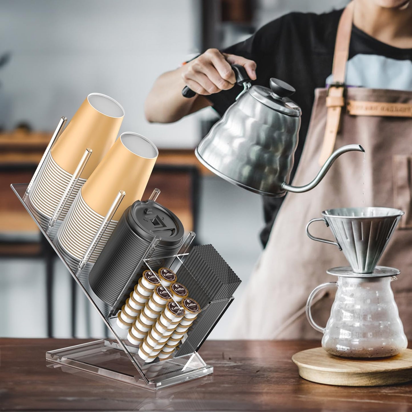 Acrylic Cup and Lid Holder with Straw Organizer, Adjustable Coffee Cup Holder Organizer, 5 Compartment Cup Dispenser for Disposable Paper & Plastic Cups, for Station Home Countertop(Patent in Effect)