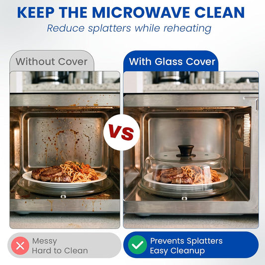 10 inch Glass Microwave Splatter Cover for Food, Plate Splatter Guard Lid, Microwave Food Cover with Vent Hole, BPA Free, Food Grade, No Plastic, Easy Grip Silicone Handle Knob, Dishwasher Safe