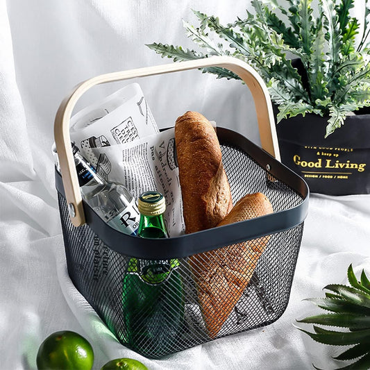 Mesh Steel Storage Organizer Basket Fruit Basket Bin with Wood Handle Ideal for Kitchen Bathroom Picnic Baskets Pantry Cabinets Storage Home Decor (White)