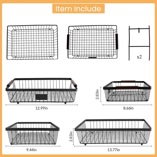 2-Tier Stackable Wire Basket with 2 Banana Hooks, Pantry Organizer for Kitchen Countertops, Cabinets & Under-Sink Spaces; Ideal for Storing Snacks, Fruits, Veggies, Onions, Potatoes, & More,Black