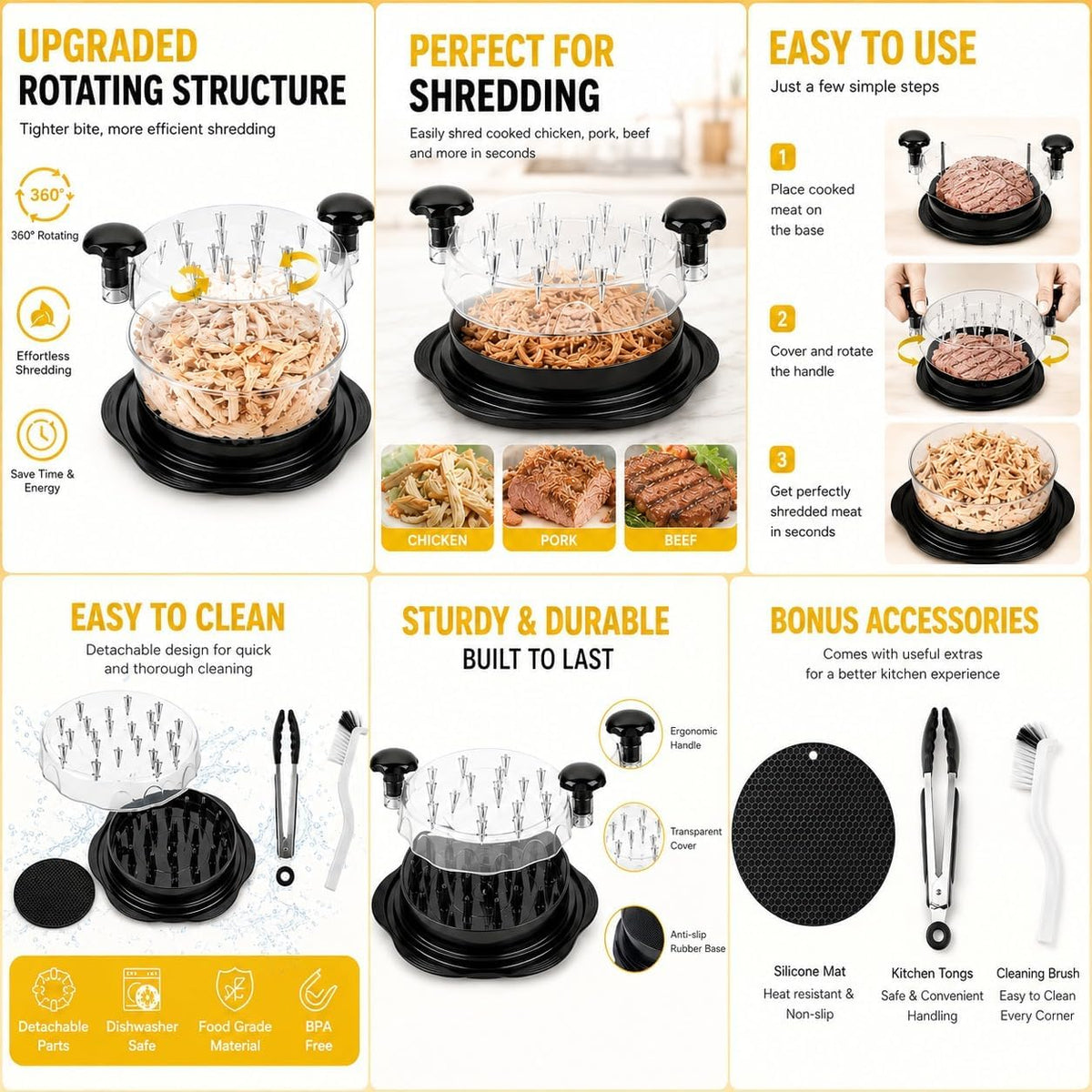 Large Chicken Breast Shredder Tool Twist, Visible Meat Shredder Machine for Ground Food, Chicken, Pork, Beef & Vegetables - Ergonomic Handle, Anti-Slip, Heat Resistant, Dishwasher Safe, Cleaning Brush