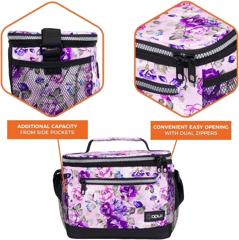 opux Insulated Lunch Box Men Women, Lunch Bag for Work School, Leakproof Soft Cooler Tote Adult, Large Lunch Pail Kids Boys Girls, Picnic Beach Food Bag with Shoulder Strap, Purple Floral