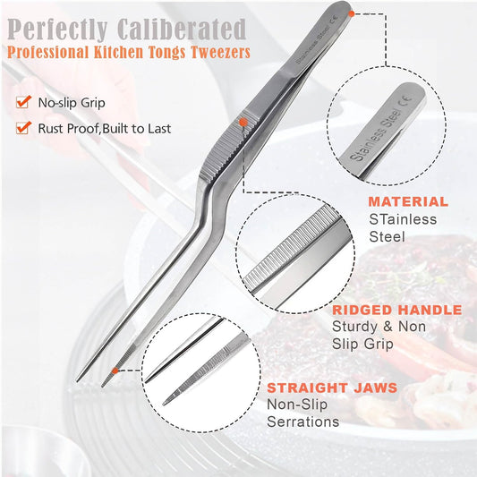 A2Z Offset Kitchen Tweezers, Stainless Steel Precision Tongs For Cooking, Fine Point Serrated Tips Multi-function Cooking Tongs Kitchen Serving Tong, Plates Garnish, Cake Decorating (10 inch)