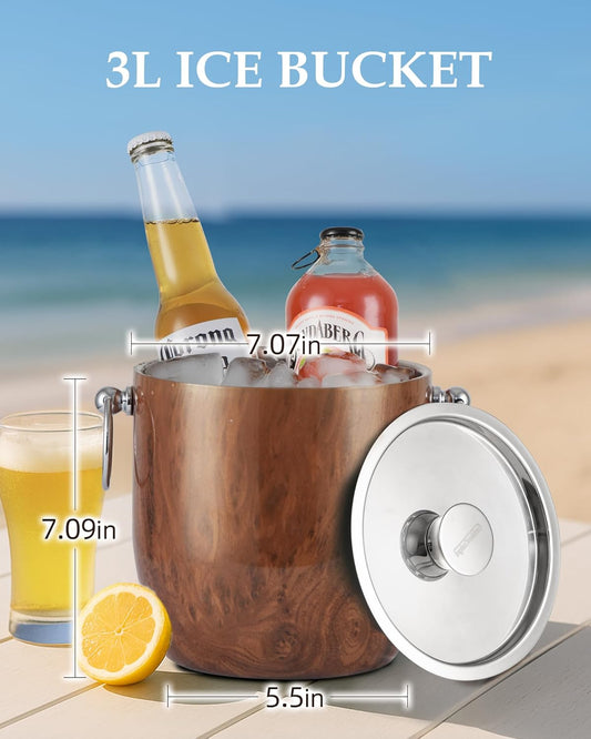 Insulated Ice Bucket, 3L Double Wall Stainless Steel Ice Bucket with Tongs,Lid, Scoop and Strainer, Ice Buckets for Parties,Cocktail Bars, Chilling Beer, Champagne, Wine Bottles