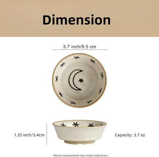 Stoneware Dipping Sauce Side Dishes Set of 4-3.7" Rustic Condiment Bowls - Handcrafted Ceramic Appetizer Plates for Sushi Soy, Charcuterie,Snack, Cheese Boards(Moon)