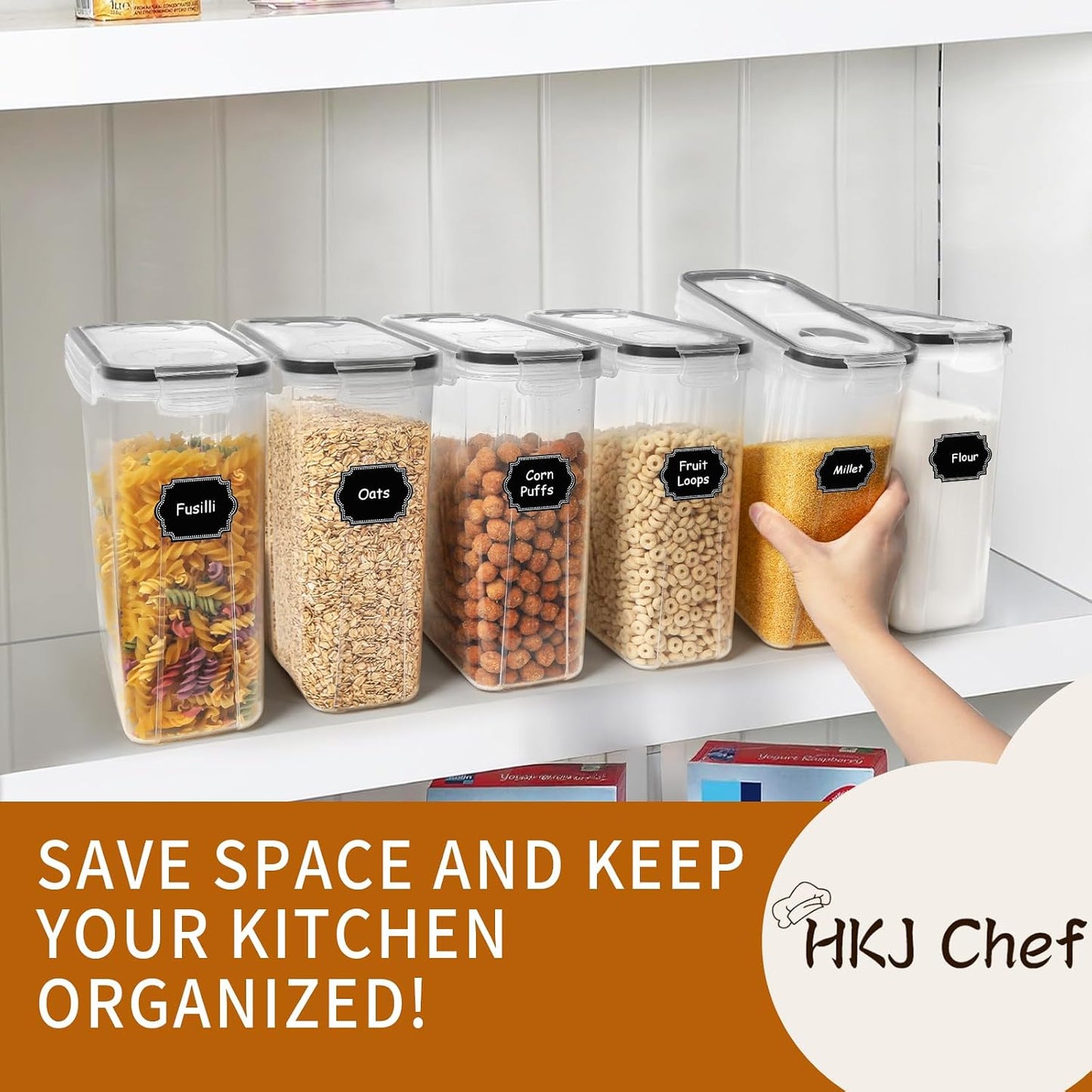 Cereal Containers Storage Set (4L / 135.2oz), 8PCS Airtight Food Storage Containers with Lids, Cereal Dispensers for Kitchen Pantry Organization and Storage with Pour Spout, 20 Labels, Marker