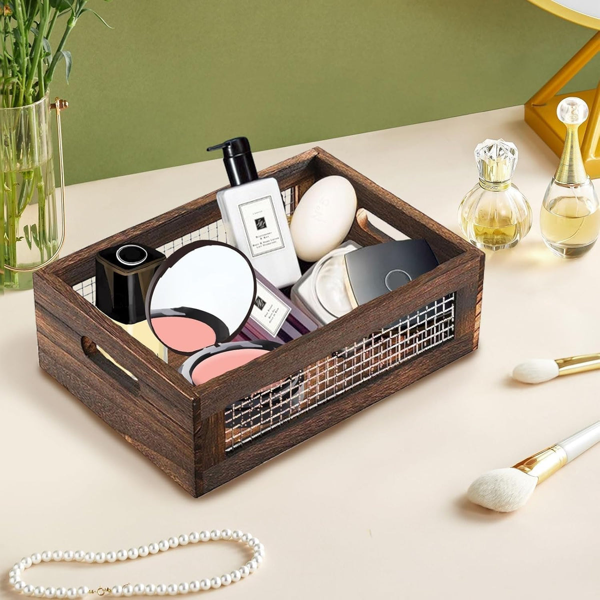 Wooden Crates Storage Boxes Rectangular Wood Craft Basket | 2 Pcs Unfinished Decorative Nesting Cases With Handles, Home Kitchen Desktop Organizer, Closet Plant Display Frames