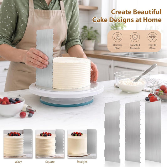 Metal Cake Scraper, 3 Pack Stainless Steel Icing Smoothers, 8.6 x 3 Inchs