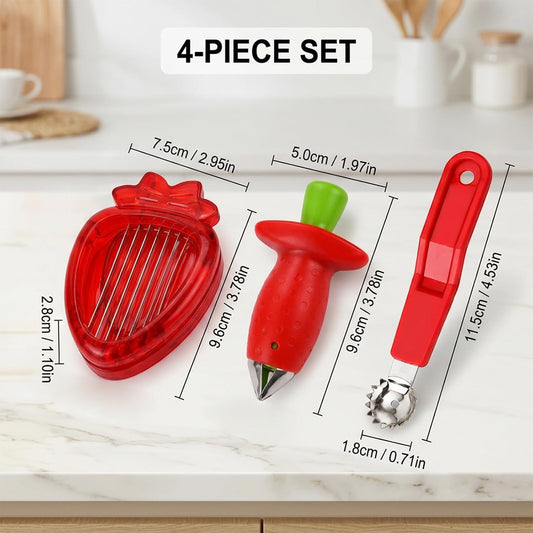 4-Piece Fruit Preparation Tools for Quick Snacks and Desserts, Strawberry Huller and Tomato Corer, Stainless Steel Kitchen Gadgets with PS Handles