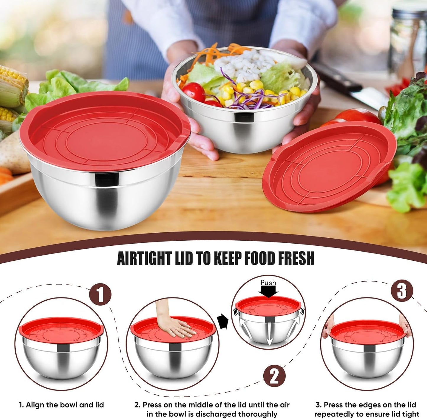 P&P CHEF Black Mixing Bowls with Lids, Set of 3, Stainless Steel Salad Nesting Bowl for Mixing, Storing, Prepping, Airtight & Stackable, Size 4.6/3 /1.5 QT