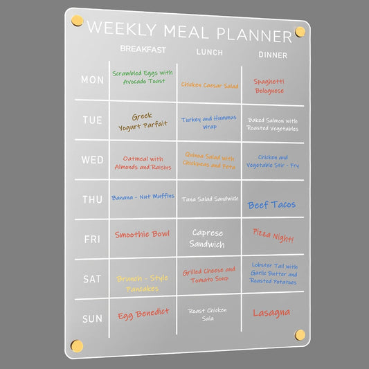 Acrylic Weekly Meal Planner – Clear Magnetic Dry Erase Menu Board for Fridge, Refrigerator Calendar & Grocery List Board