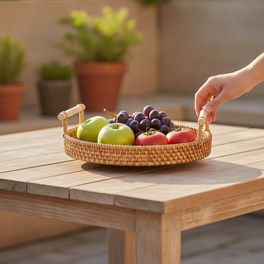 Hand Woven Rattan Basket with Wooden Handle, Natural Open Weave Storage Bin for Countertop Organization, Produce, and Snacks