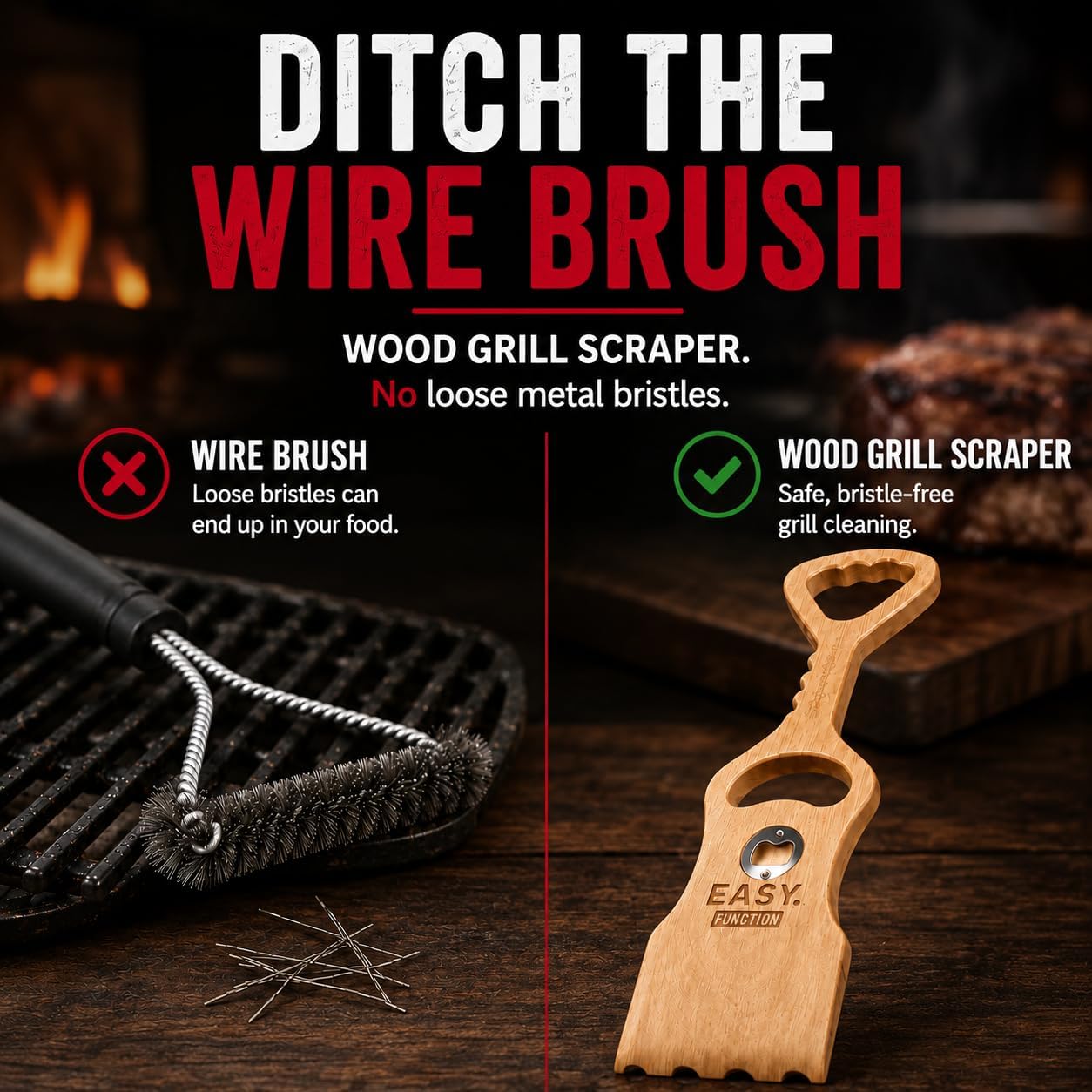 Wood Grill Scraper - Wooden BBQ Grill Brush Cleaner Alternative - Enjoy Safe & Bristle Free Barbecue