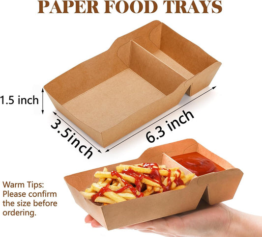 SOUJOY 100 Pack Food Serving Tray, 2 Compartment Disposable Kraft Nacho Boat Tray, Grease Resistant Heavy Duty Paperboard, Take Out Fast Food Snack Holder Container for Party
