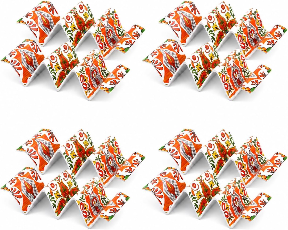 TP Taco Holder Stands, Set of 2 Melamine Large Taco Serving Rack Tray with Handle, Holds 3 Tacos, Dishwasher Safe, Ideal for Taco Night, Party, Home, Fiesta, Talavera Tile