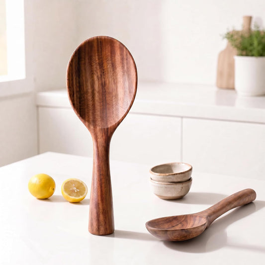 Ninefish Acacia Wood Rice Paddle Set, Non-Stick Wooden Standing Rice Spoon Scooper Spatula, Heat Resistant Rice Cooker Spoon, Durable Natural Wood Serving Utensils for Rice & Potato Servers
