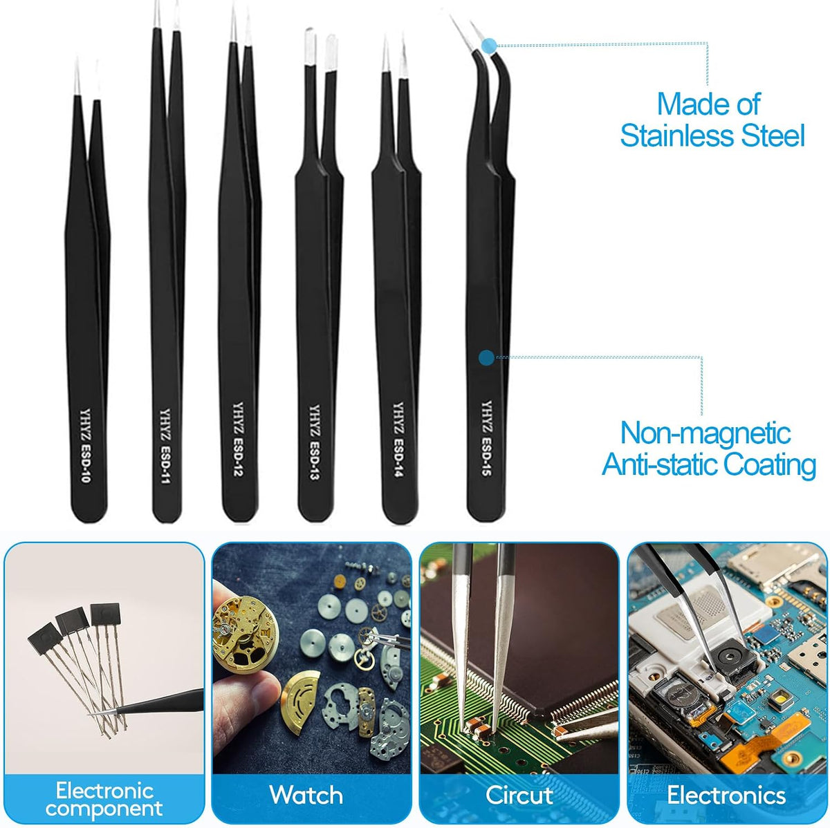 YHYZ Precision Tweezers Set, Premium Stainless Steel Anti-Static ESD Tweezes, Suitable for Tweezers, for Craft, Electronic, Soldering, Model, Hobby, Jewelry Making Laboratory