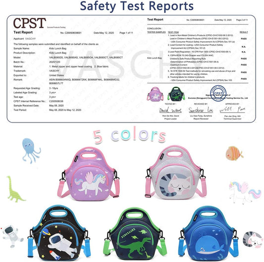 VASCHY Lunch Bag for Kids, Insulated Neoprene Lightweight Lunch Box Bag for Children Boys and Girls School Daycare Kindergarten Dinosaur