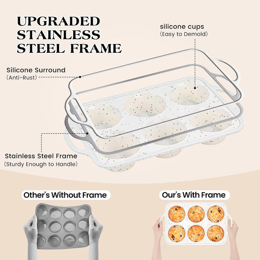 Regular 12 Cup and Mini 24 Cup Nonstick Cupcake Pan Set Silicone Muffin Pan for Baking Silicone Cupcake Mold with Metal Reinforced Frame BPA Free (2 Pcs, Cream)