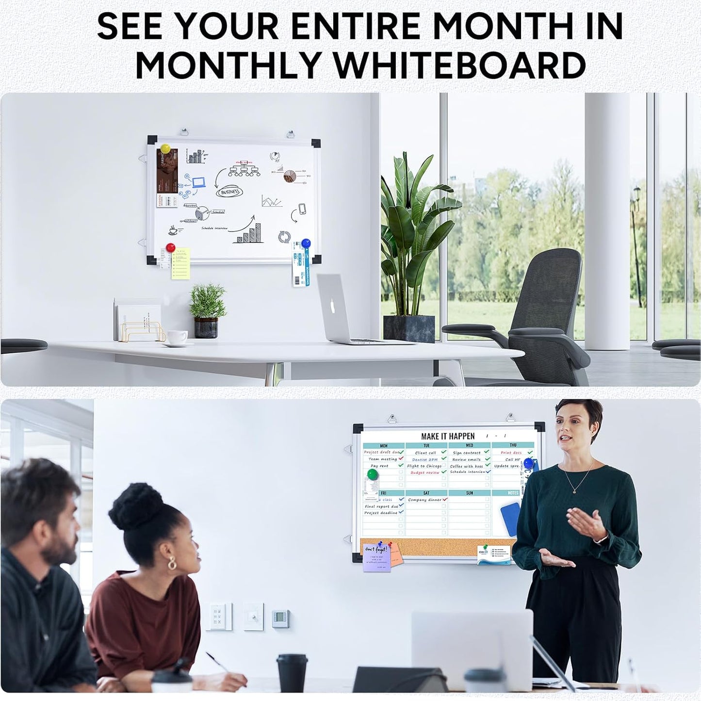 Marsrock Weekly Calendar Whiteboard and Cork Board Combo for Wall, 17"x13" Reversible Hanging Dry Erase Board, Double Sided White Board with Aluminum Frame for Planning, Office, Kitchen, School, Home