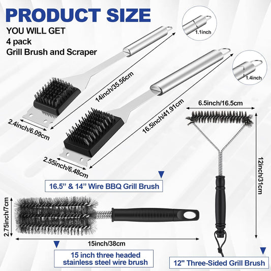 4 Pcs 304 Stainless Steel BBQ Grill Brush, 16.5” & 14” Wire BBQ Brush & Scraper, 15" Three-Head and 12" Three-Sided Brushes for Outdoor Grill Accessories, Ideal Gift for Men/dad