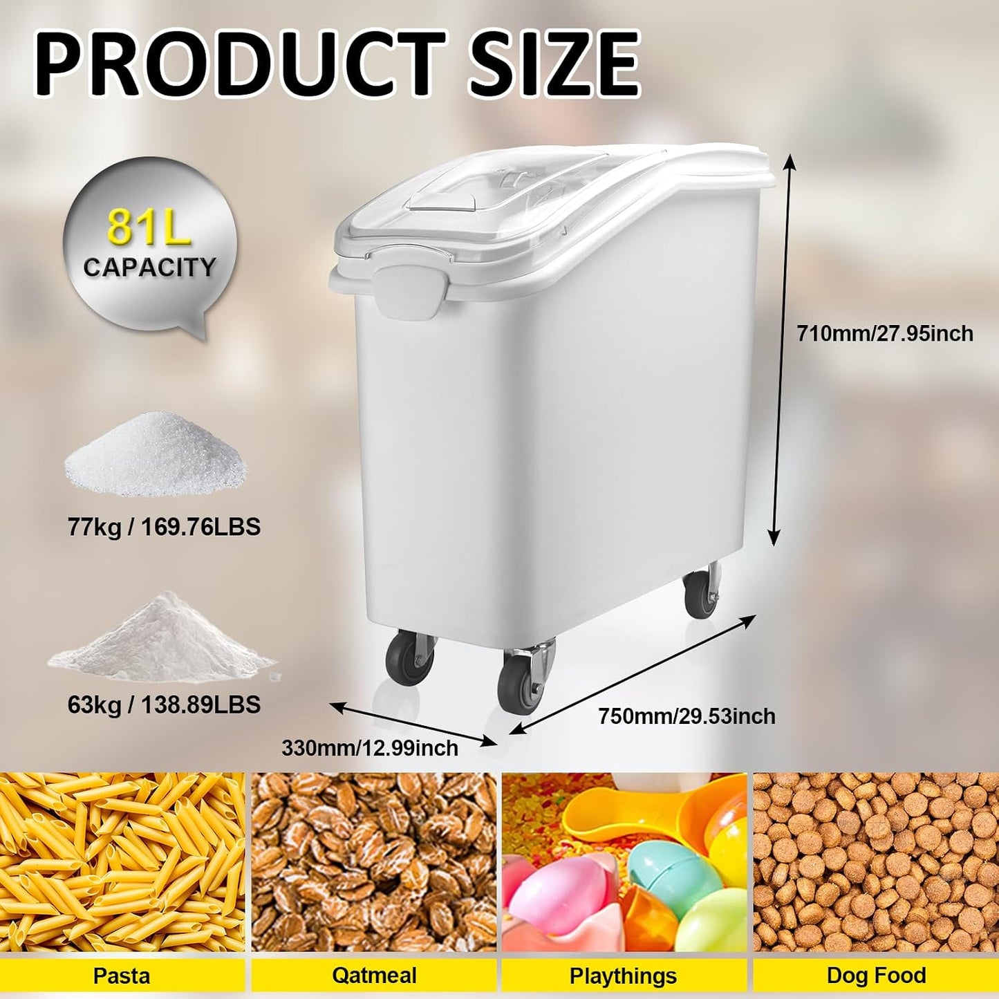 26.93 Gallon Commercial Flour Bin with Locking Wheels,Mobile Ingredient Storage Container,Holds 227lb Sugar /149lb Flour,Kitchen & Pantry Organizer